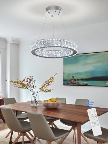 Modern LED 23.6" Ring Chandelier for Dining Room Living Room Dimmable Crystal Pendant Light Adjustable Round Chrome Crystal Chandelier
