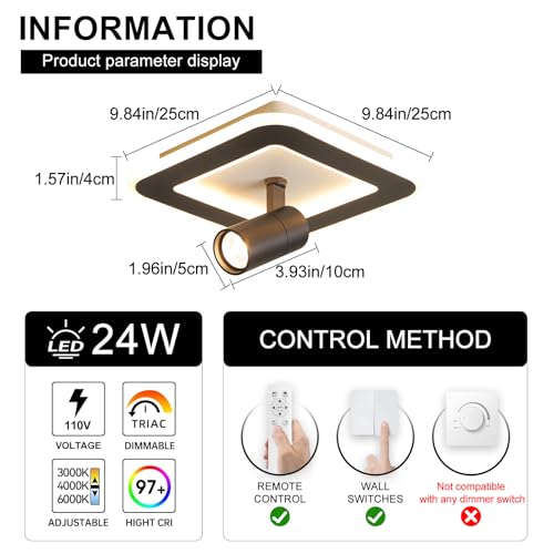 Modern LED Ceiling Lights with 1 spotlights 9.8Inch Black Ceiling Lights with Remote Control Dimmable