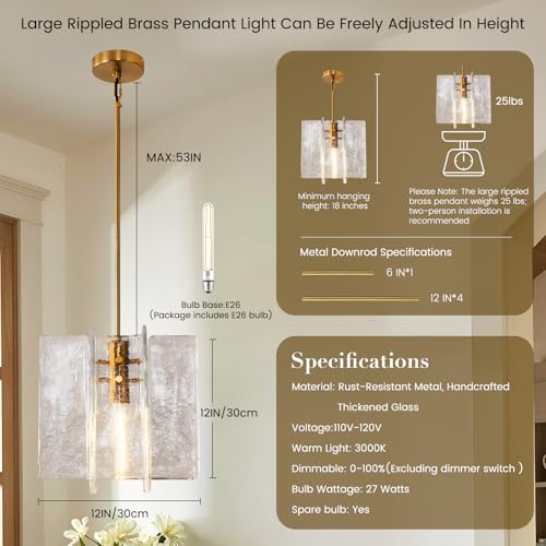 Modern Large 12 in Brass Water Ripple Glass Kitchen Island Pendant Light Fixtures