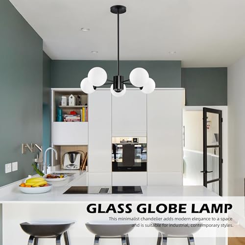 5 Light Globe Sputnik Chandelier Mid Century Sputnik Chandeliers Modern Black Globe Pendant Light Matte Black Finished with White Frosted Glass Lampshade for Dining Room Bedroom Kitchen