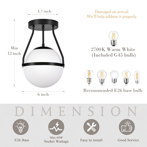 Globe Semi Flush Mount Ceiling Light Mid Century Modern 6" Globe Ceiling Light Fixture with Milk Glass Shade Black Finish for Living Room Hallway Kitchen Island Dining Room Laundry