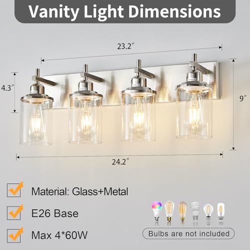 4 Light Brushed Nickel Bathroom Light Fixture Over Mirror Modern Bathroom Vanity Light Vintage Wall Lighting with Clear Glass Shade for Bathroom