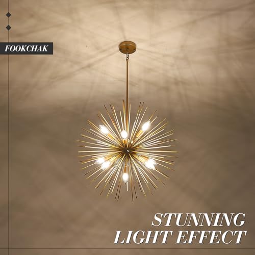24in Gold Sputnik Chandelier 9 Light Starburst Light Fixture Solid Metal