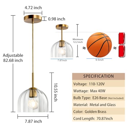 Clear Ribbed Glass Pendant Light Kitchen Island 7.8Inch Brass Hanging Lamp