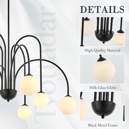 8 Light Black Sputnik Chandelier Modern Globe Chandeliers with Milk Glass Shades Large Luxury Pendant Light Fixture for Foyer Dining Room Living Room Staircase