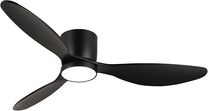 reiga 52 Inch Wood Black Modern Flush Mount Indoor Ceiling Fan with Light and Remote, 3 Propeller Blade, Quiet DC Motor for Bedroom Living Room - Aura Lighting