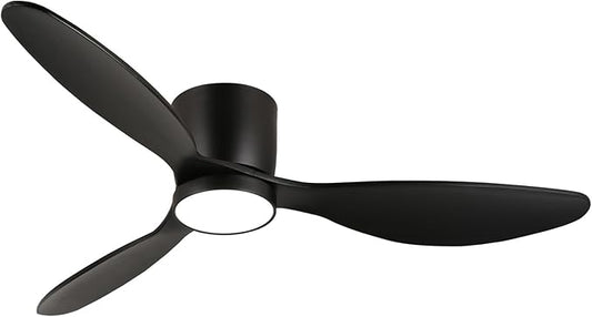reiga 52 Inch Wood Black Modern Flush Mount Indoor Ceiling Fan with Light and Remote, 3 Propeller Blade, Quiet DC Motor for Bedroom Living Room - Aura Lighting