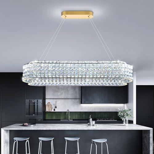 L40 x W12 Modern Chandeliers for Dining Room LED Dimmable Pendant Lighting Ceiling Chandelier Crystal Rectangle Light Fixtures Gold
