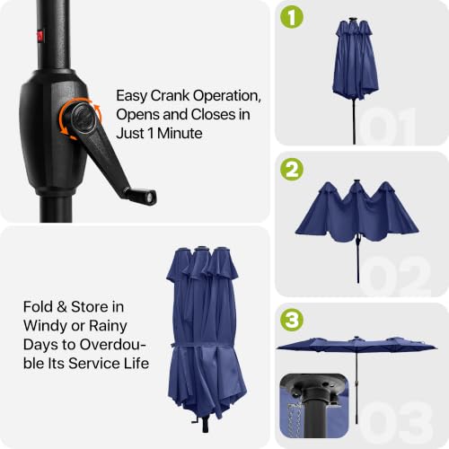 REE SOLDIER 13ft Double Sided Patio Umbrella with Solar Lights