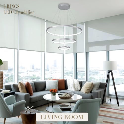 Modern Silver LED Chandeliers 3 Rings Chandelier 23.6" Dimmable LED Pendant Light Fixture Remote Control Contemporary Flush Mount Chandelier for Dining Room Bedroom Foyer
