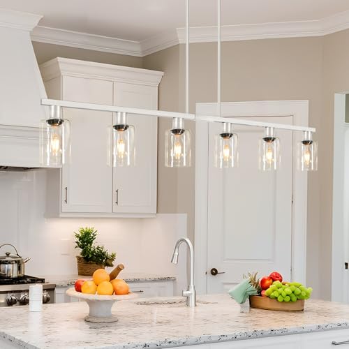 6 Light Kitchen Island Lighting with Glass Shade and Adjustable Rods