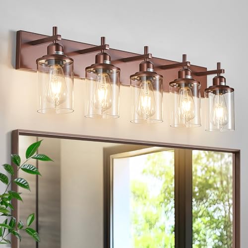 5 Light Bronze Bathroom Light Fixtures Over Mirror