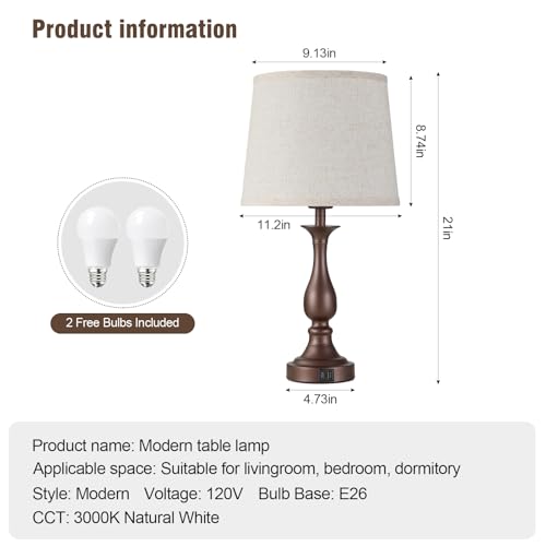 Bedside Table Lamp Touch Control Bedroom Lamps with USB A + C Charging Port 3 Way Dimmable Touch Lamps for Nightstand Living Room Bedroom Dorm Home Office Reading (2 Count)