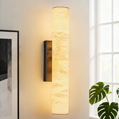 Natural Alabaster Wall Sconces Set of Two Spanish Marble Wall Light Cylinder Modern Black LED Sconce for Living Room Bedroom Bathroo Stairs（S (2 Count)