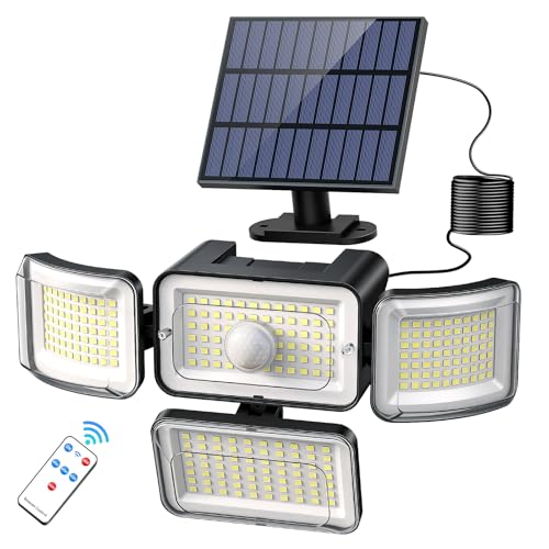 Solar Outdoor Lights Motion Sensor 3500LM 288 LED Security Light with Remote Control IP67 Waterproof 4 Heads Flood Lights with 16.4ft Cable 4 Modes