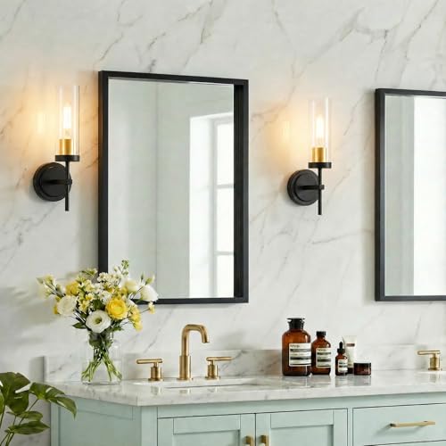 Hardwired Black and Gold Wall Sconce Set of Two Bathroom Sconces