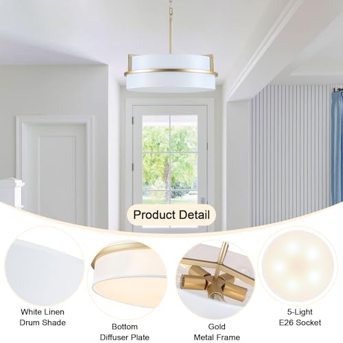 19.7" Modern Drum Pendant Light Gold Chandeliers with White Linen Shade
