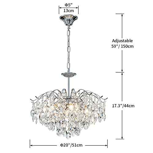 Saint Mossi Modern K9 Crystal Chandeliers, Middle Century Modern Design Chandelier Light Fixture for Dining Room, D20 x H17, Adjustable Chains 59", Chrome Finish Metal Frame