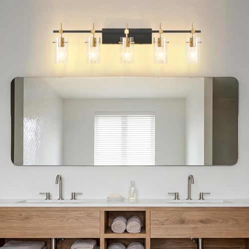 40.1 inch Vintage Brass Bathroom Vanity Light fixtures Bathroom Wall Lights Over Mirror with Glass Shade 5 Light
