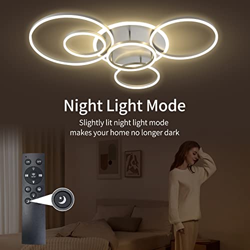 Modern LED Ceiling Light Silver Dimmable 5 Rings Flush Mount Ceiling Light Fixtures with Remote Control 106W 10000LM Ceiling Lighting for Living Room Bedroom Kitchen Dining Room 3000