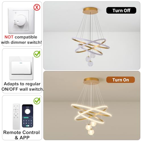 LED Modern 3 Ring Chandeliers 24inch Dimmable Kitchen Pendant Light