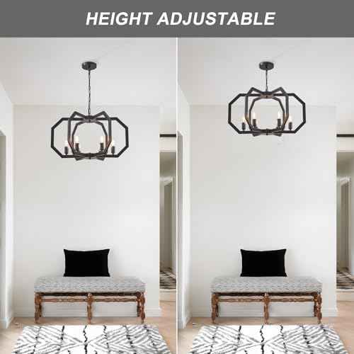 Lanhall 6 Light Farmhouse Chandelier Black Dining Room Light Fixture Modern Rustic Geometric Hanging Pendant Light for Living Room, kitchen Island, Foyer, Entryway, Hallway, Stairway Adjustable Height