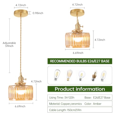 Battery Operated Pendant Light 5000mAh Rechargeable Chandelier with Remote Control Wireless Adjustable Hanging Amber Striped Light for Kitchen Island Dining Room Hallway (2 Count)