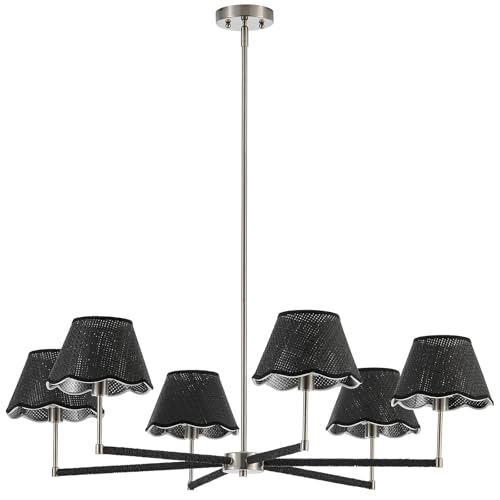 39" Boho Rattan Chandelier Large Adjustable Modern Black and Brushed Nickel Pendant Light for Kitchen Island Dining Living Room
