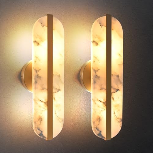 15.7" Natural Alabaster Wall Sconces Marble Wall Sconces Gold Bathroom Vanity Wall Light Fixtures Modern Oval Stone Wall Lamp for Bedroom Living Room Hallway Restaurant Stairs