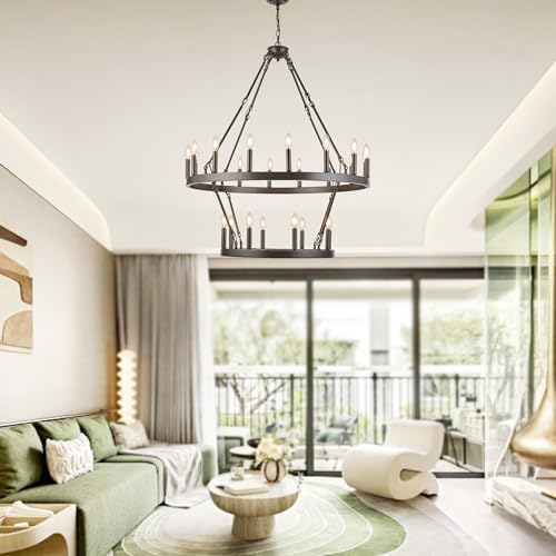 Large Chandeliers for High Ceilings Wagon Wheel Chandelier Kitchen Table Lighting 2 Tier 24 Lights Oil Rubbed Bronze Rustic Farmhouse 39.3 Inch for Dining Room Kitchen Island
