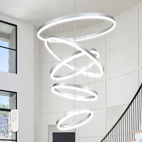 5 Rings Pendant Lights Modern Nickel Led Chandelier Nickel Modern Led Pendant Light Dimmable Height Adjustable Chandeliers for Dining Room Bedroom Entryway Living Room Foyer