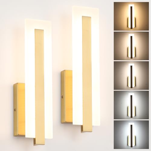 Hardwired Gold Dimmable Modern LED Wall Sconce 2 Packs 3000K 3500K 4000K 5000K 6000K Indoor Wall Lights Up and Down Wall Mount Light for Living Room Bedroom Hallway Corridor