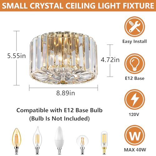 8.89-Inch 2-Light Gold Crystal Flush Mount Ceiling Light Fixture
