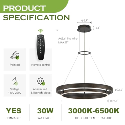 Modern LED Chandelier Vintage Black Brown Dimmable Circular LED Pendant Light with Remote Ring Chandelier Dining Room Light Fixtures for Kitchen Island Living Room Entryway
