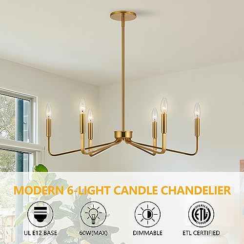 Brushed Gold Chandeliers for Dining Room, 6-Light Modern Farmhouse Chandelier, Brass Candle Style Hanging Light Fixture for Living Room Bedroom Kitchen Island