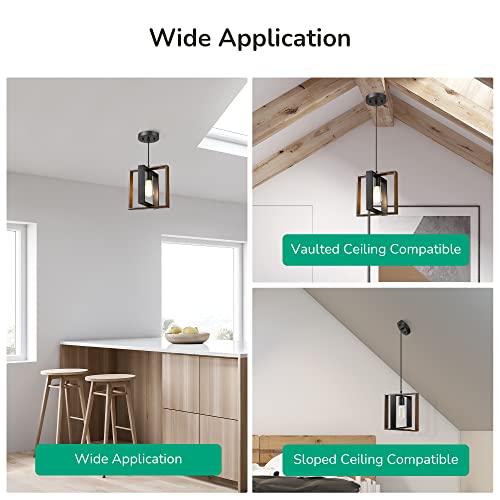 Farmhouse Pendant Light Wood Grain Finish Black Adjustable