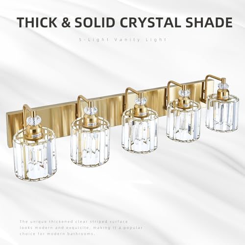 5 Light Modern Vanity Lights Brushed Brass Bathroom Light Fixtures Over Mirror Gold Bathroom Vanity Lighting with Crystal Shade E26 Base Wall Sconce for Bedroom Living Room Restroom Wall Lamp