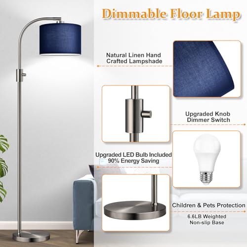Upgraded Modern Arc Dimmable Tall Standing Floor Lamp with Blue Shade