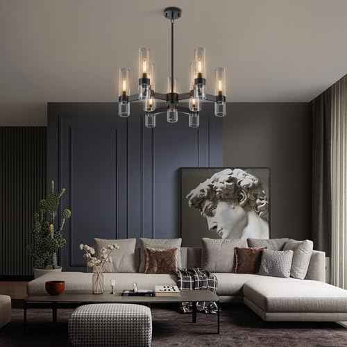 9-Light Black Farmhouse Chandeliers for Dining Room Light Fixture 28" | Modern Chandelier Over Table with Clear Glass Cover for Living Room Kitchen Island Bedroom Foyer Hallway Bathroom Restaurant