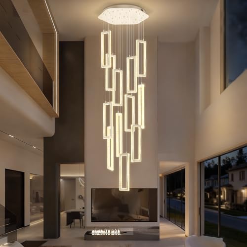 H158 Crystal Rectangle Chandelier 12 Ring Chandeliers for High Ceiling Gold Large Pendant Lighting High Ceiling Light for Living Room Staircase Foyer