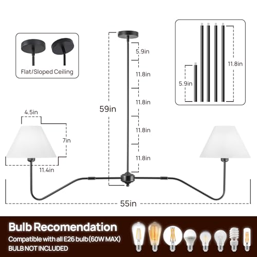 2 Light 55 Inch Modern Linear Chandelier for Dining Room