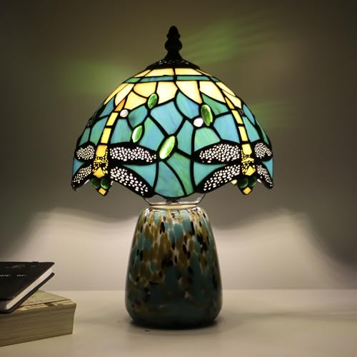 Tiffany Mushroom Table Lamp Dragonfly Style Blue Yellow Stained Glass Accent Lamp Brown Blue Glass Base 8X8X12 Inch