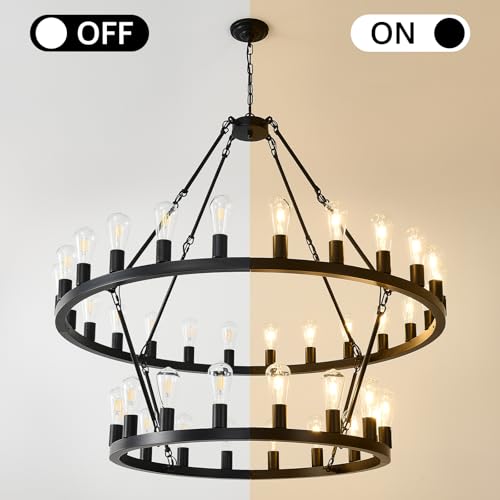 2 Tier 48" Wagon Wheel Light Fixture Black Farmhouse Chandeliers