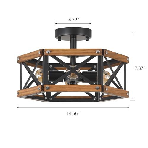 4 Light Rustic Farmhouse Wood Flush Mount Ceiling Light Fixture 14.5 inch Oak Wood and Metal Hexagon Cage Semi Flush Mount Ceiling Light for Hallway Entry Bedroom Kitchen Farmhouse Cabin