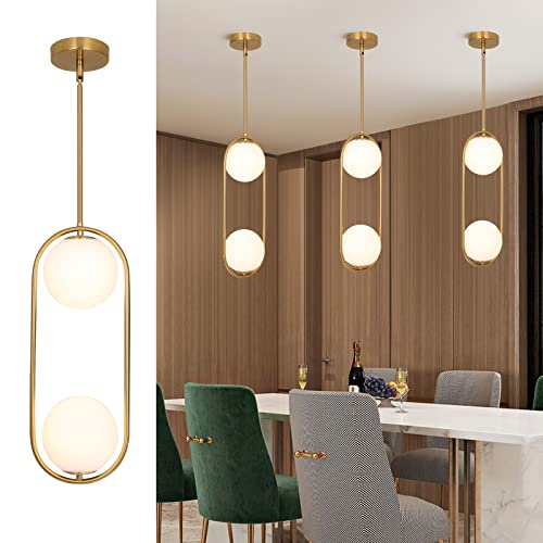2 Lights Gold Pendant Lighting Milky Glass Globe Shade Hanging Light