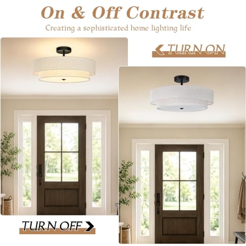 20" Modern 2 Layer Fabric Ceiling Light Black Classic Drum Light Fixture 5