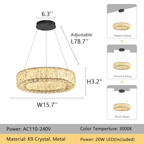 16 Inch Chandelier Glam Dimmable LED Crystal Chandeliers Luxury Round Pendant Lighting Fixtures for Dining Room Bedrooms Black