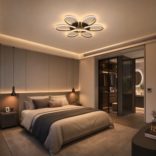 Modern LED Ceiling Light Fixture Black Flush Mount Ceiling Lamp with Remote Control Dimmable Rings Flower Shaped Ideal for Living Room Suite Bedroom Leisure Study Room Kitchen