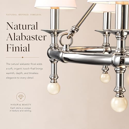 6 Light W34 Inch Polished Nickel Statement Chandelier with White Pleated Fabric Shades and Alabaster Finials Large Round Designer Lighting for Dining Room Living Room