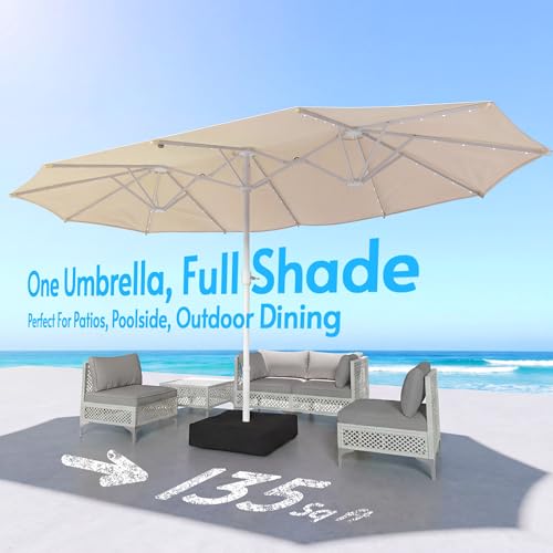 15ft Double Sided Patio Umbrella with Solar Lights and Base Included
